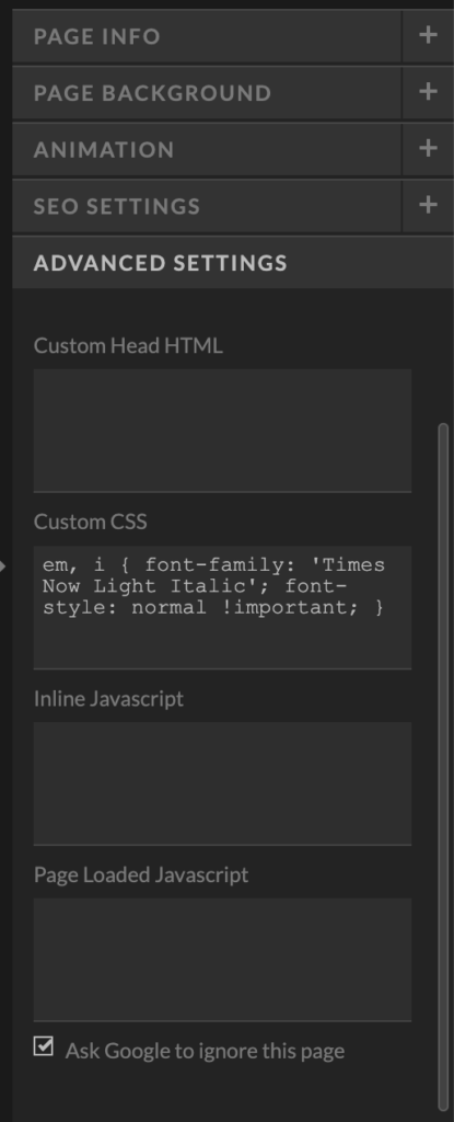 screenshot of no-index tag setting on the back-end of Showit 