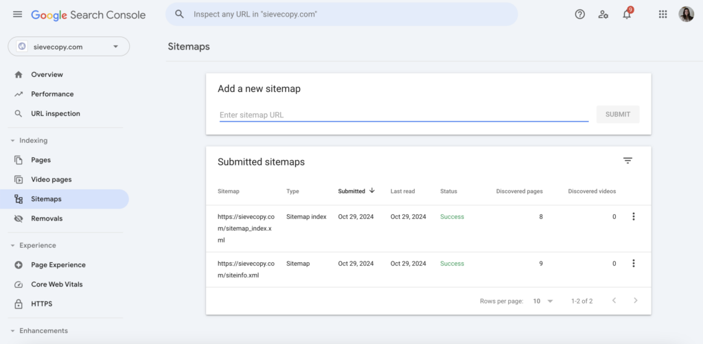 screenshot of where to add your Showit sitemap in Google Search Console
