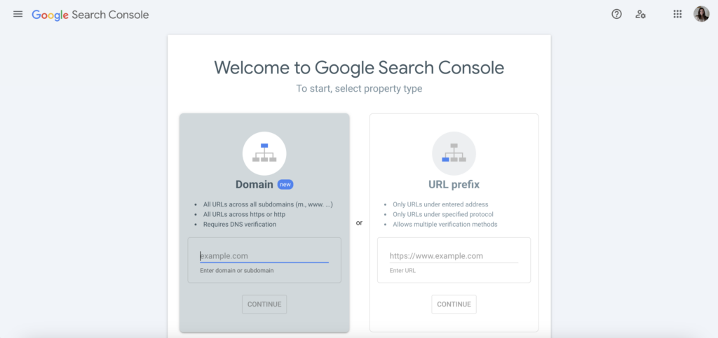 screenshot of Google Search Console's welcome screen