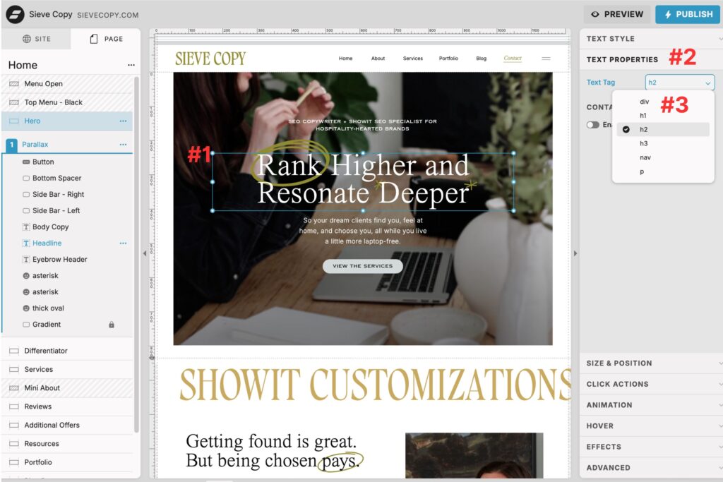 screenshot of Showit back-end showing how to update HTML text tag setting