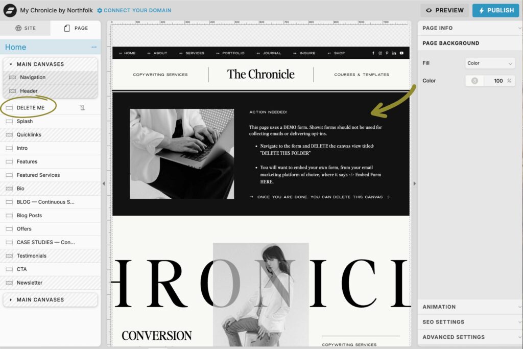 example of a back-end hidden canvas from a Northfolk Showit template