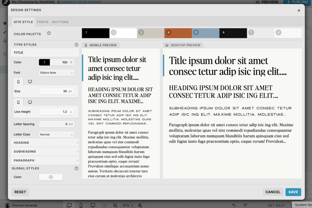 Showit's back-end Design Settings panel