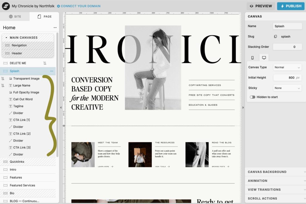 screenshot of Showit's back-end canvas elements examples from the Chronicle template by Northfolk Co.