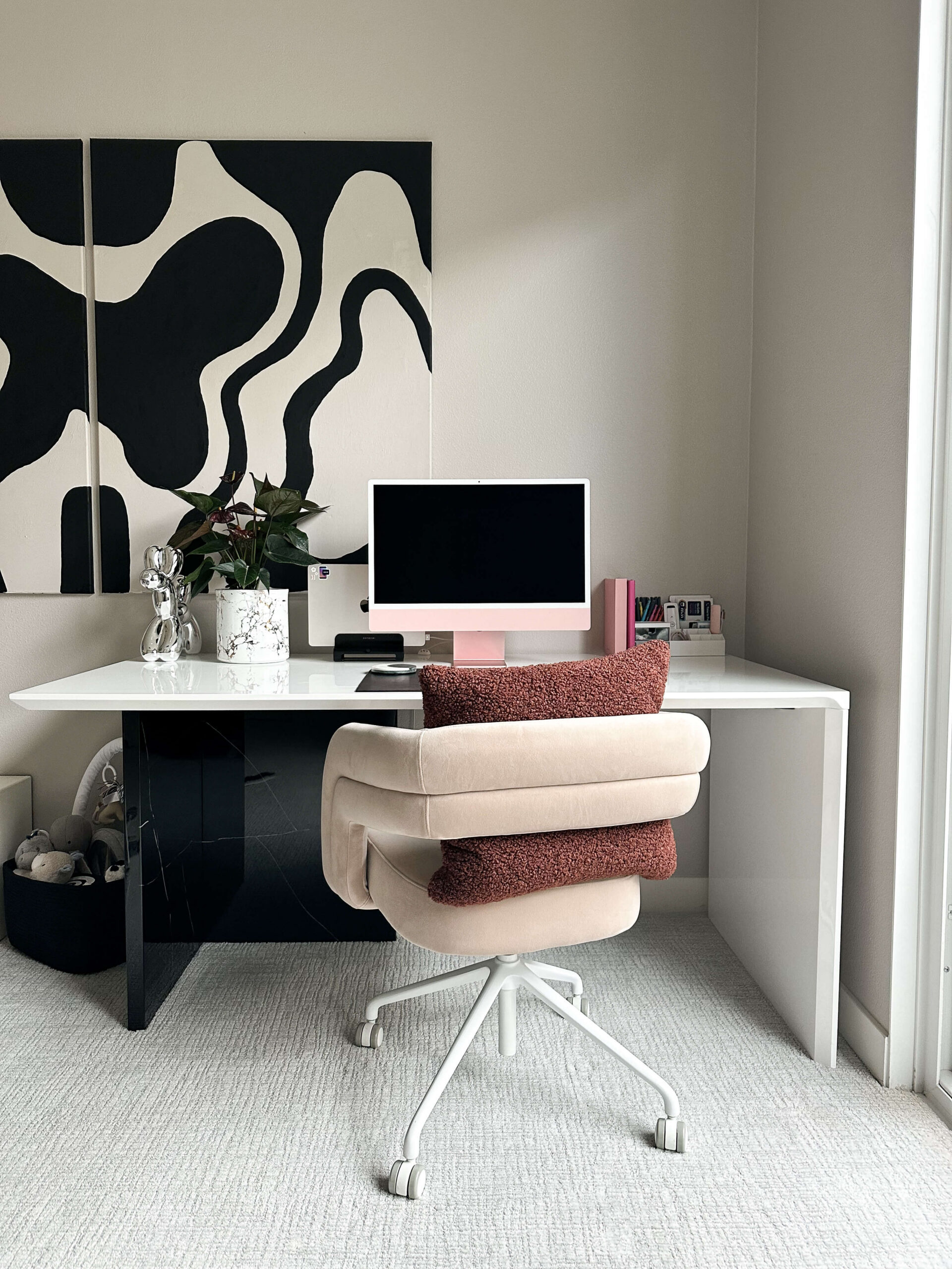 home office setup with computer and chair